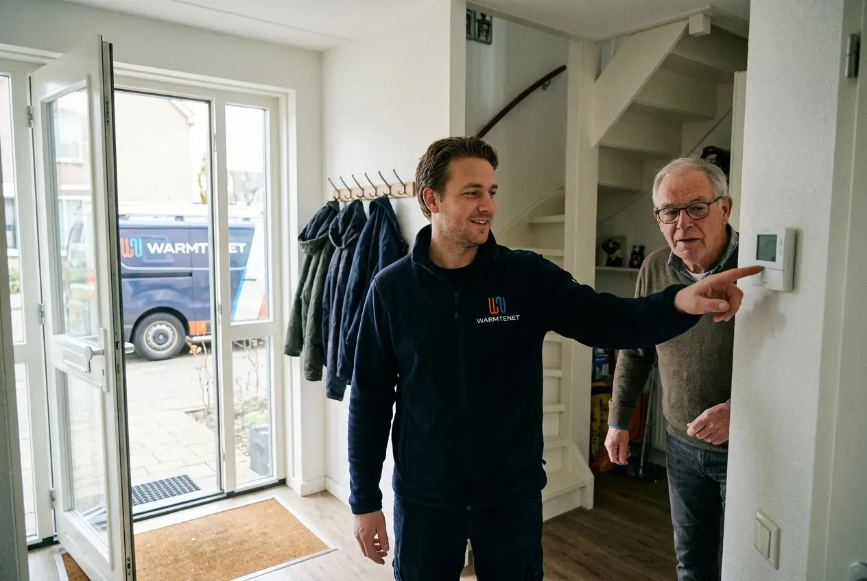 Monteur van Warmtenet geeft uitleg over de thermostaat en verwarming aan een klant