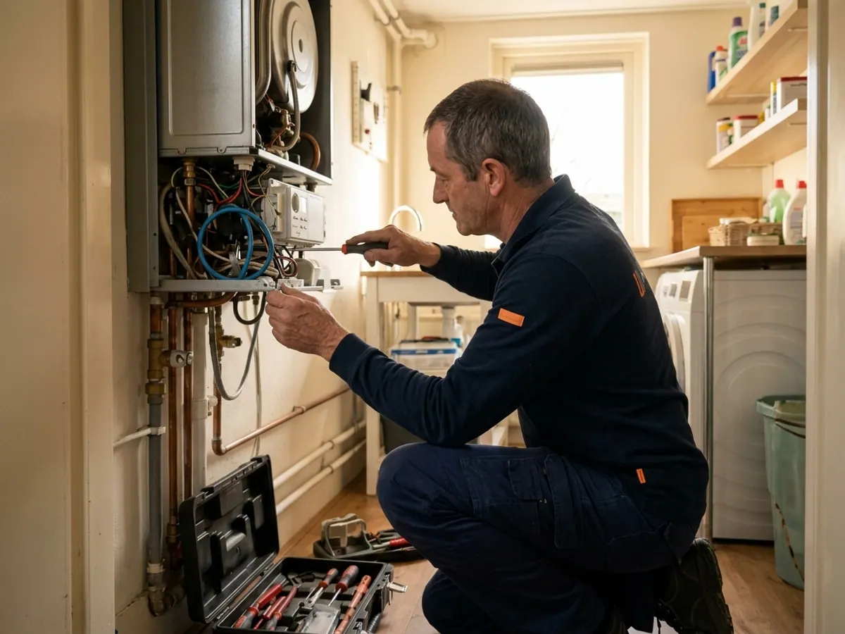 Warmtenet cv-monteur aan het werk bij een cv-ketel in een woning