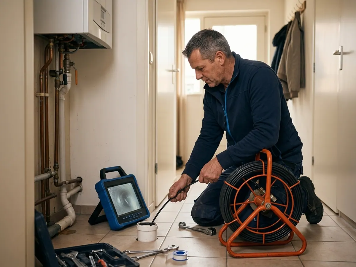 Loodgieter voert een camera-inspectie uit in een afvoerleiding met professionele inspectieapparatuur