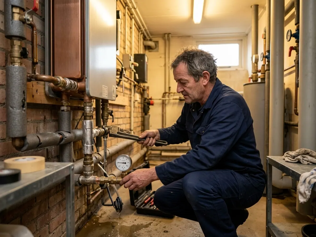 Ervaren loodgieter repareert het leidingwerk en controleert de waterdruk