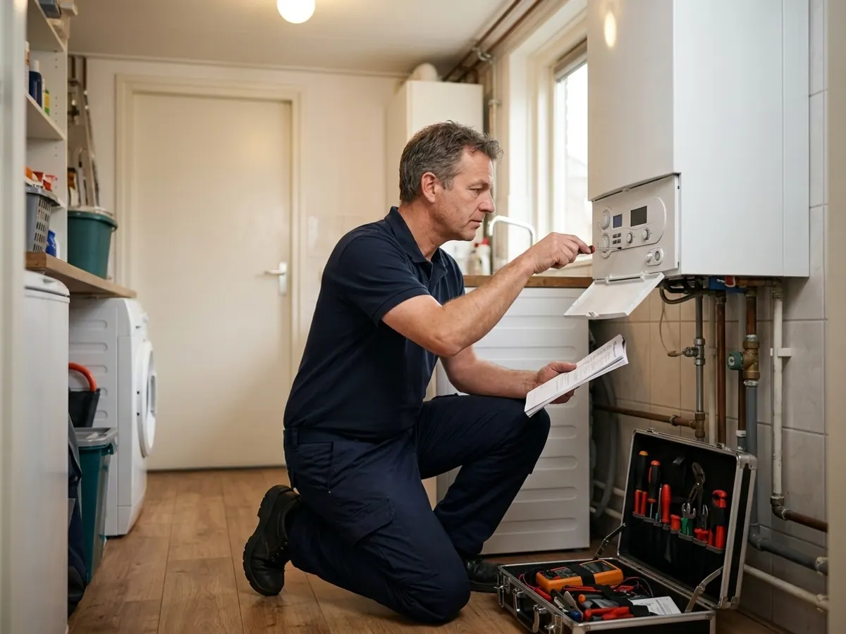 Ervaren monteur stelt de cv-ketel nauwkeurig in met handleiding