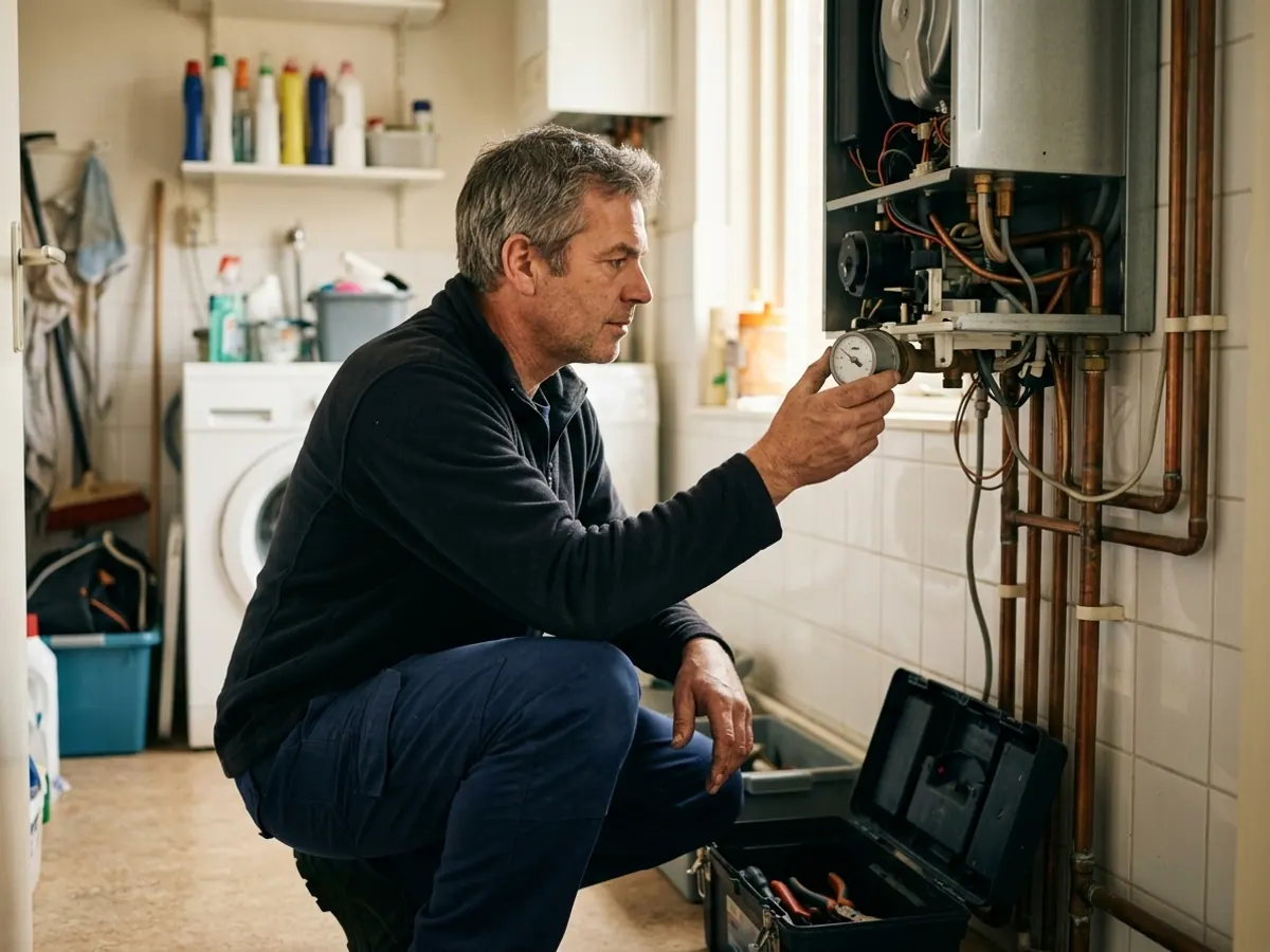 Ervaren verwarmingsmonteur controleert onderdelen van de cv-ketel