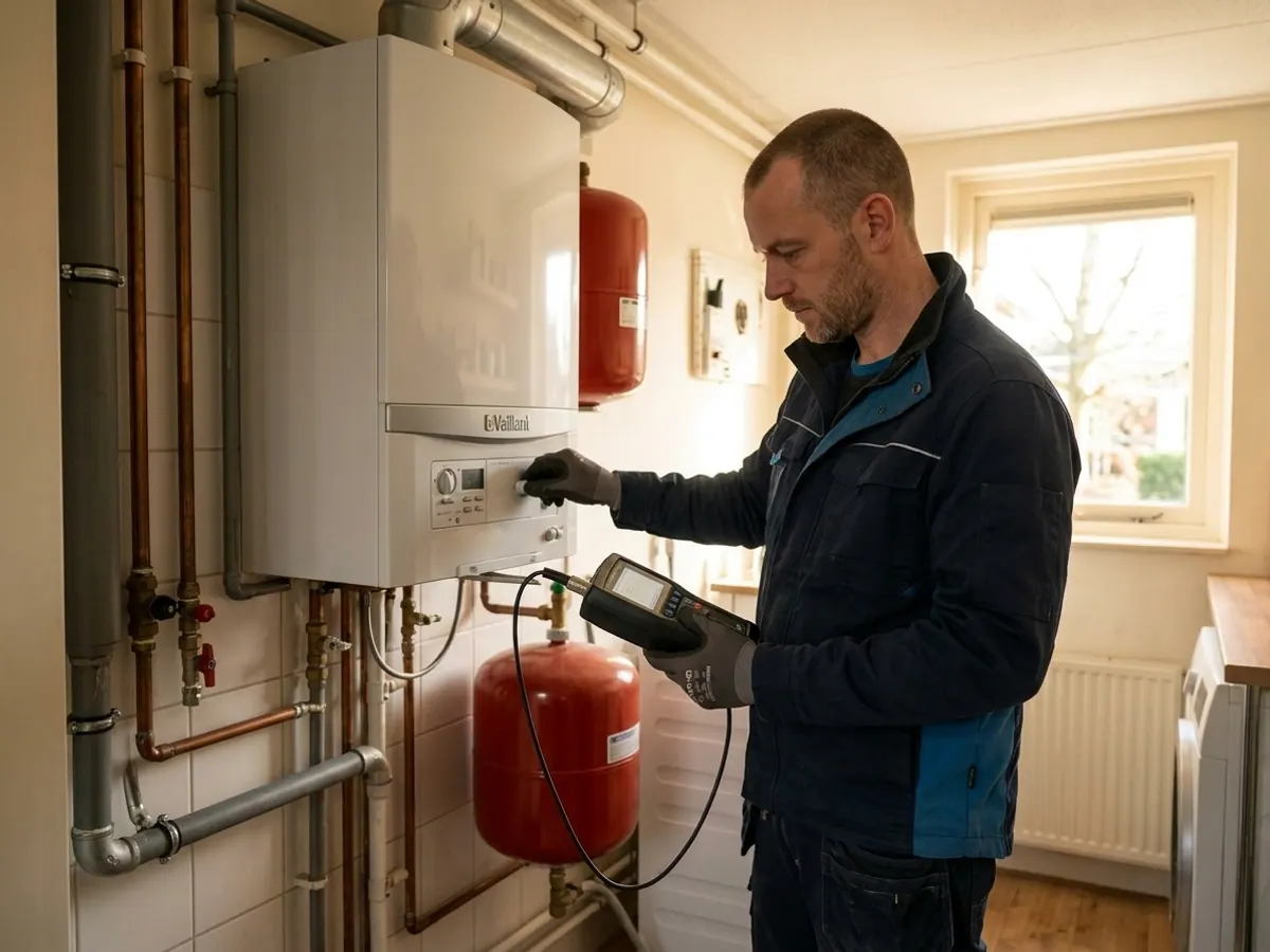 Gecertificeerde monteur voert een inspectie en veiligheidsmeting uit aan een cv-installatie