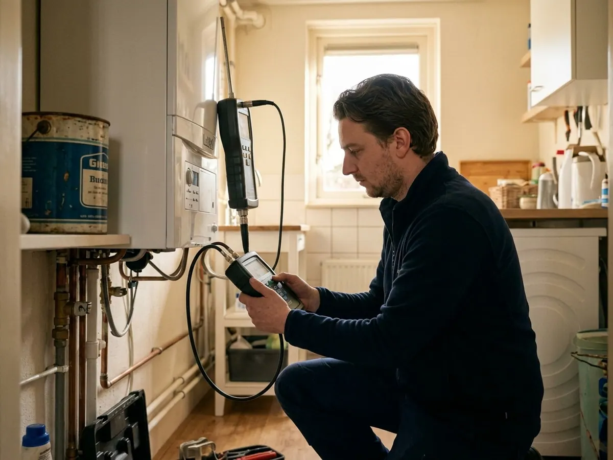 Gecertificeerde monteur controleert de gasdruk en rookgassen van een cv-ketel