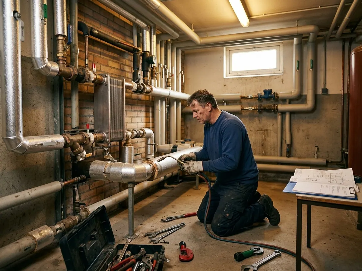 Gecertificeerde monteur van Warmtenet aan het werk bij een leidinginstallatie