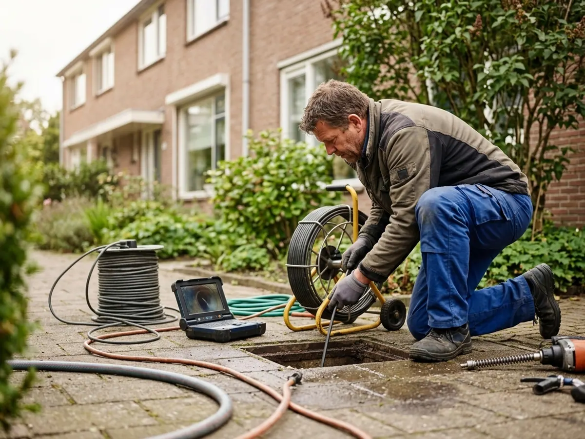 Loodgieter inspecteert en reinigt een afvoer met professionele camera-inspectie apparatuur