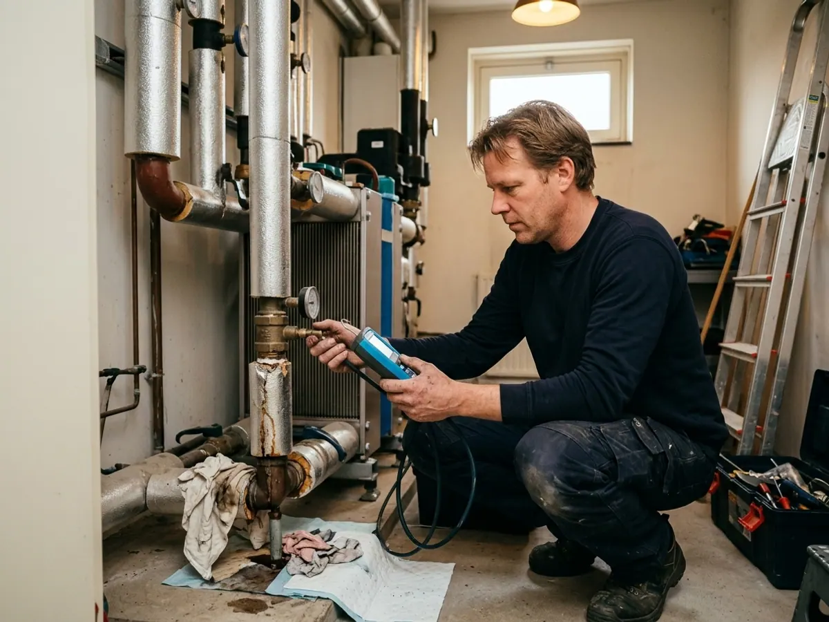 Monteur controleert de leidingdruk en installatie tijdens het verhelpen van een lekkage