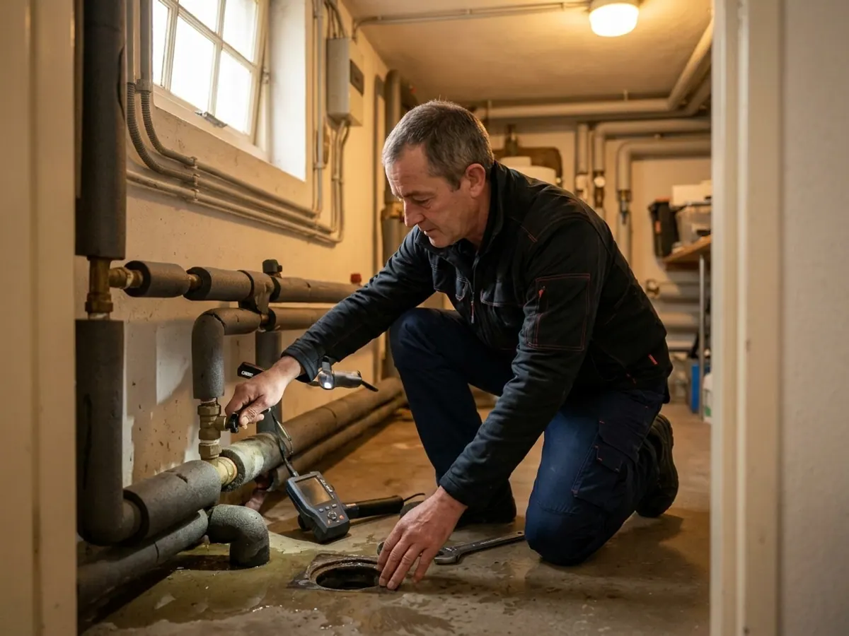 Monteur controleert leidingen en waterafvoer bij acute wateroverlast