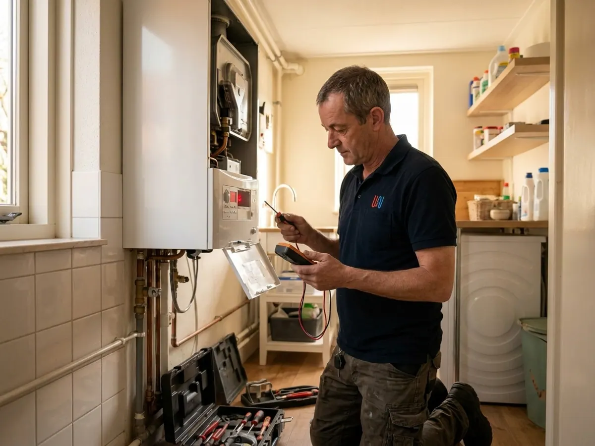 Monteur inspecteert een cv-ketel bij een acute storing