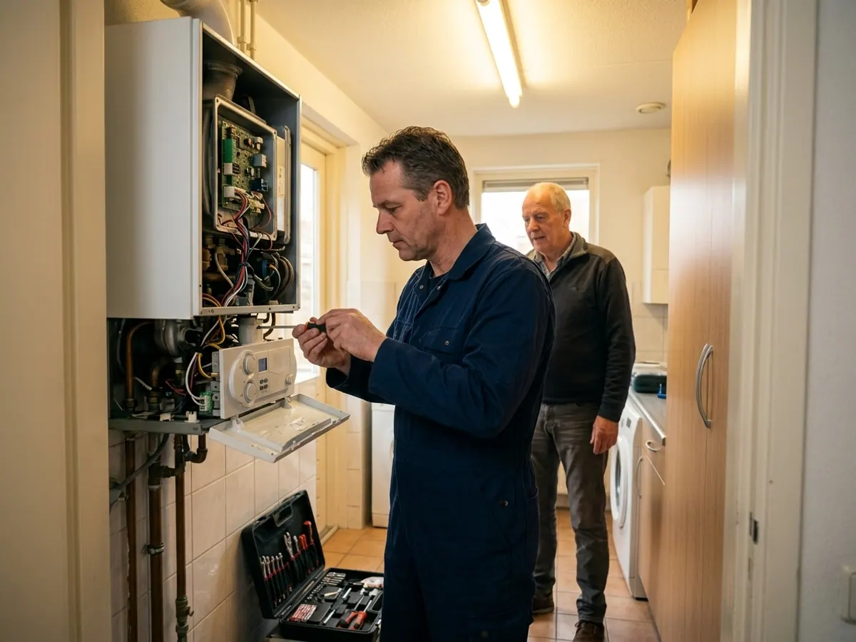 Monteur inspecteert en repareert een geopende cv-ketel