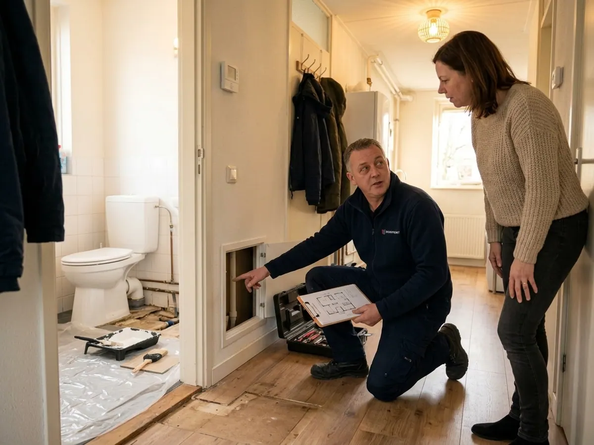 Monteur van Warmtenet overlegt met een bewoner over de herstelwerkzaamheden na een badkamerlekkage