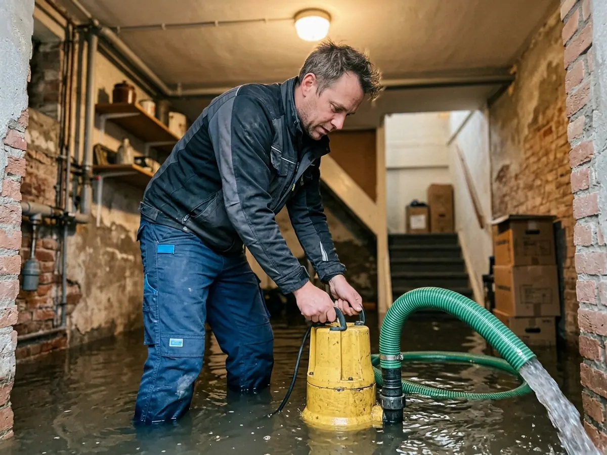Monteur pompt water weg uit ondergelopen kelder met professionele dompelpomp