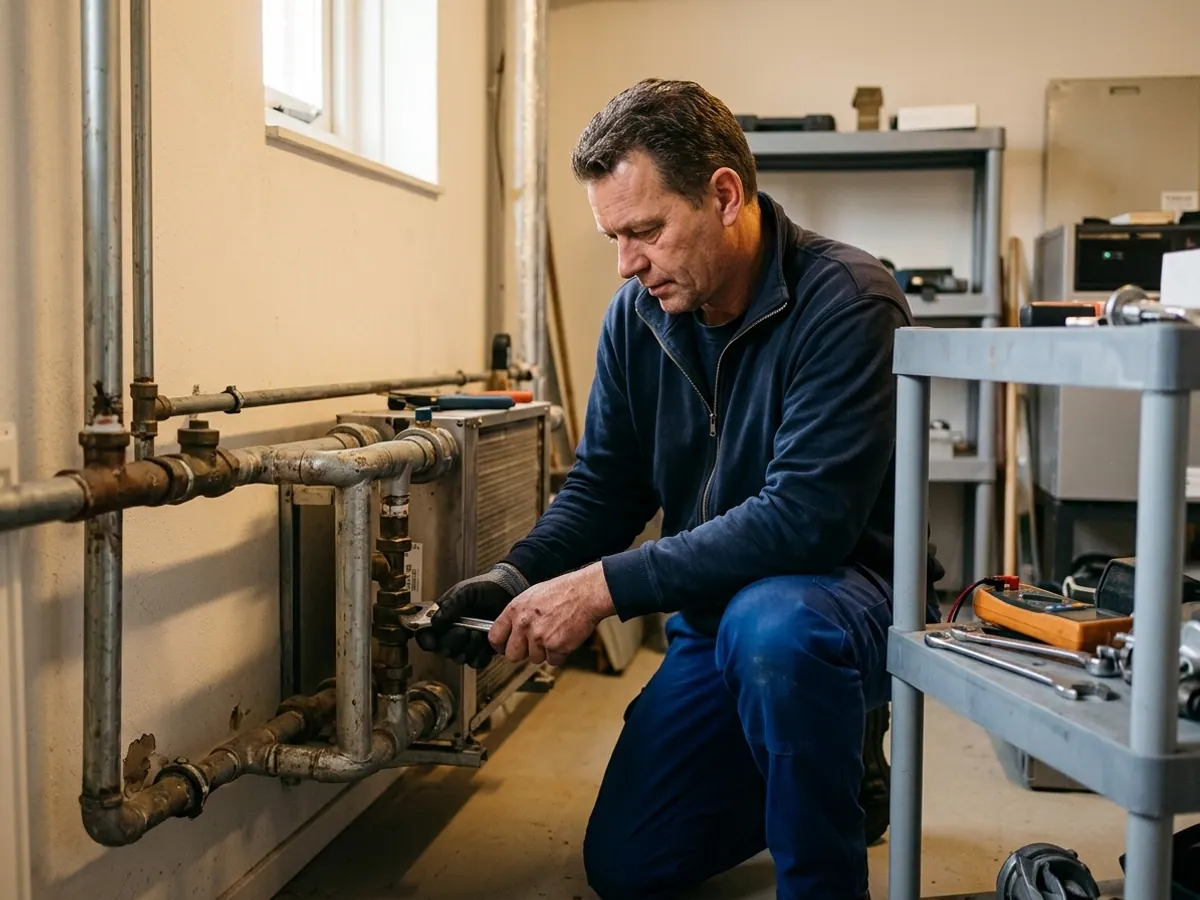 Vakkundige monteur inspecteert en repareert de installatie en leidingen