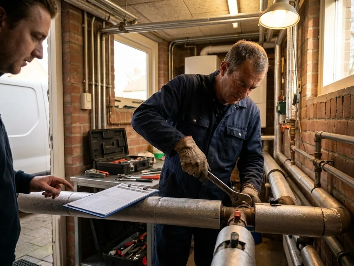 Vakkundige monteur voert een leidingreparatie en kwaliteitscontrole uit
