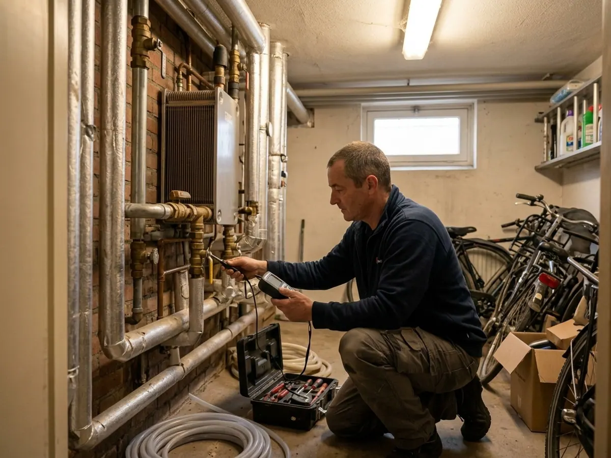 Vakman inspecteert leidingsystemen in een Amsterdams pand
