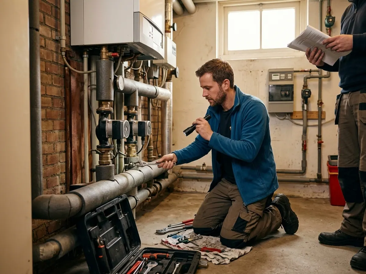 Warmtenet monteur inspecteert en repareert leidingwerk en installatie in de regio