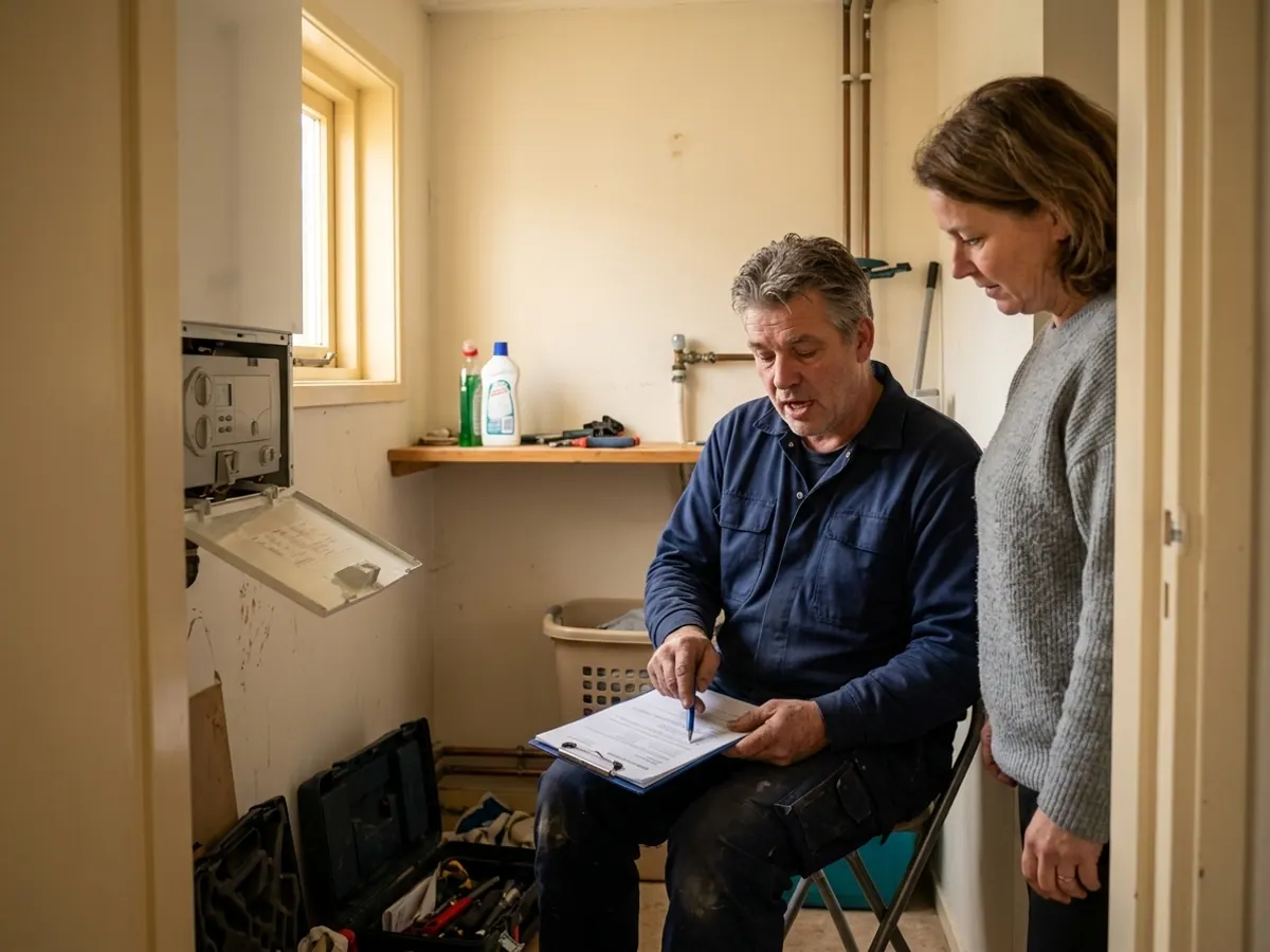 Warmtenet monteur legt de voordelen en besparingen van een cv-onderhoudscontract uit aan een bewoner