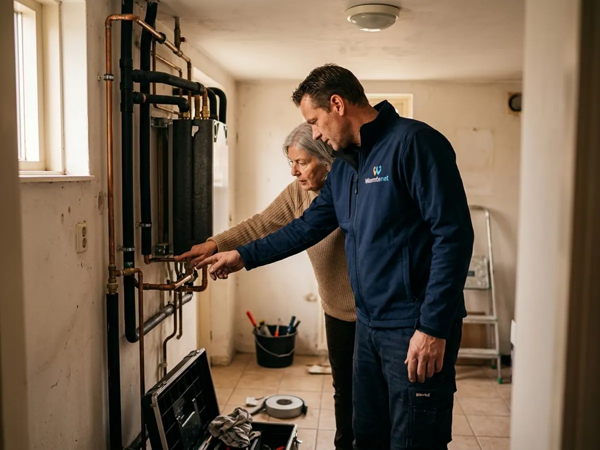 Warmtenet vakman in overleg met klant over leidingwerk en herstel